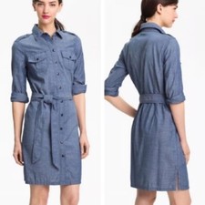 TORY BURCH Chambray Blue Brigitte Belted Waist Tie Button-Up Shirt-Dress 10 = M