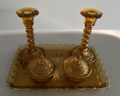 VINTAGE ART DECO BERNSTEIN GLAS SCHMINKTISCH SCHMINKTISCH SET