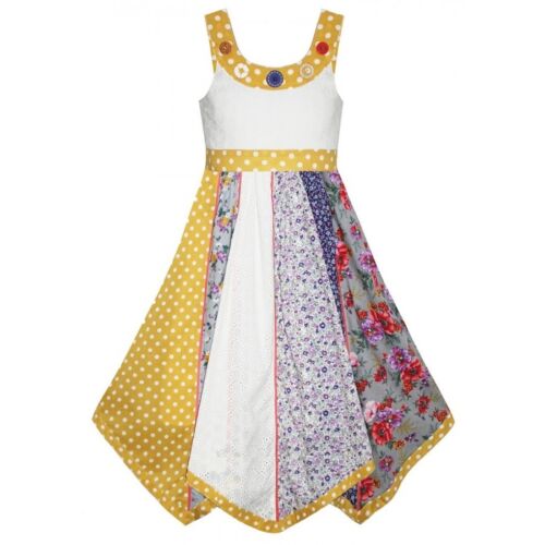 Girls Large Button Polka Dots Yellow Flare Dress Summer Dresses Age 3-11 Years - Picture 1 of 6
