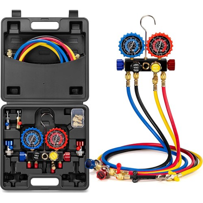 #ad HVAC AC 4‑Way Manifold Gauge Set w 5ft Hoses R134a R410a R22 R32 R404a Tool Kit $51.98
