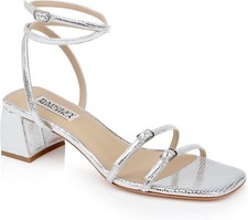 NIB Badgley Mischka Silver Dania Ankle Strap Low Block Leather Sandals, Size 7