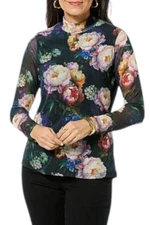 DG2 by Diane Gilman Women's Print Mesh Top Black Floral Blooms