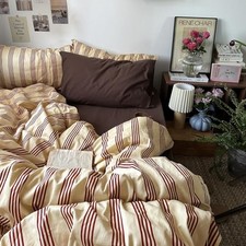 Retro Striped Duvet Cover Set - 100 Natural King 05 - Red-brown Striped