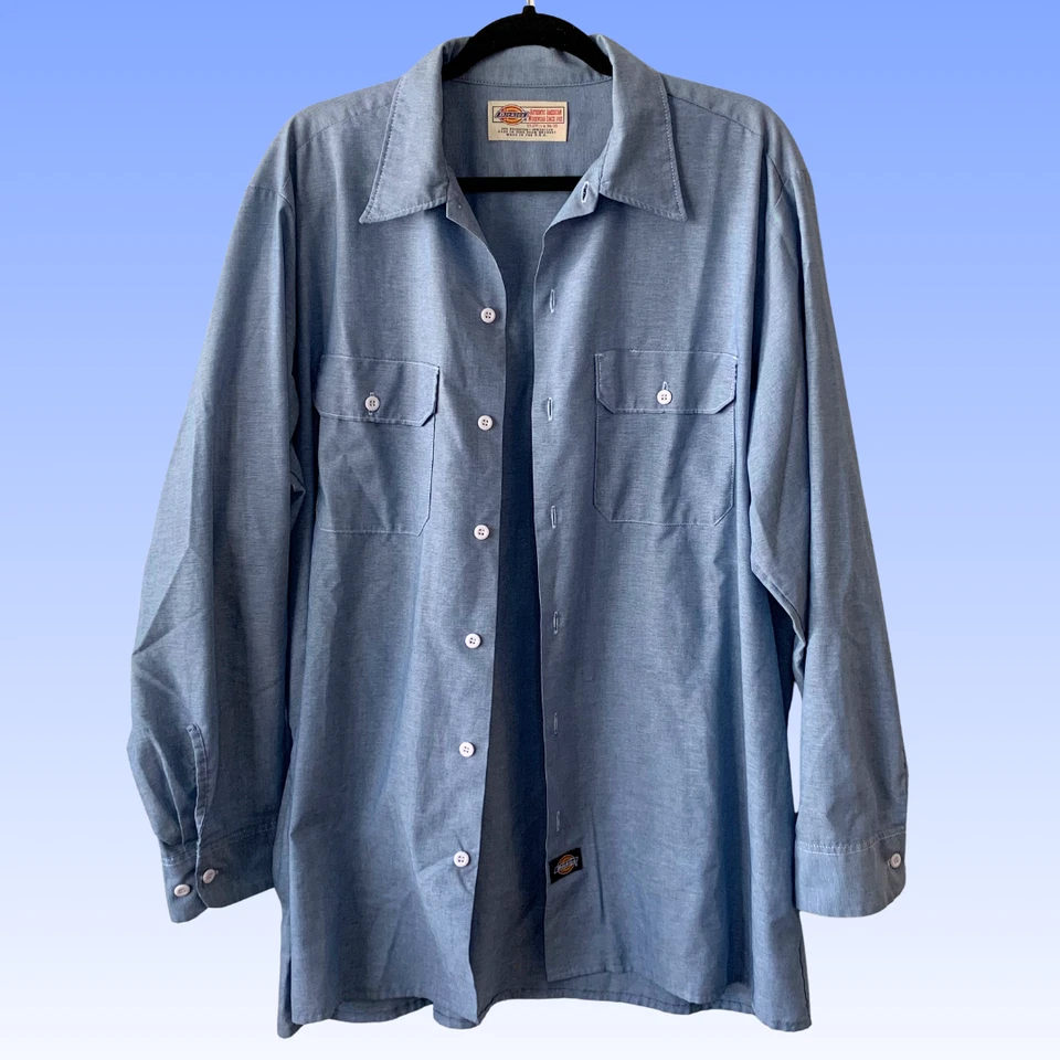 Vintage 90s Dickies Chambray Work Shirt XL Blue Long Sleeve Button Up USA - Image 4 of 4