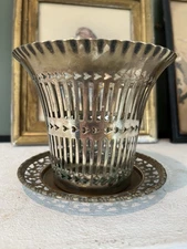 Victorian Silver Tone Metal Openwork Vase Plan Pot Holder Candle Holder antique