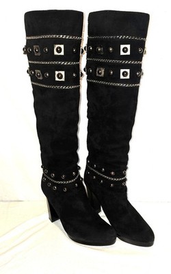 STUART WEITZMAN 'Stadium' Suede Tall Boots Lots of Metal Studs & Chains EUC Sz 8