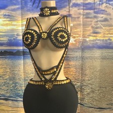 Black Gold Geometric Print Belly Dance Costume Set for Women Top Skirt