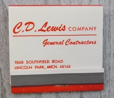 C.D. Lewis Company General Contractors Lincoln MI Full Unstruck VTG Matchbook Ad