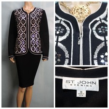 St John Evening Black Jacket L Sz 12 14 Blazer Silver Shimmer Sequins White Trim