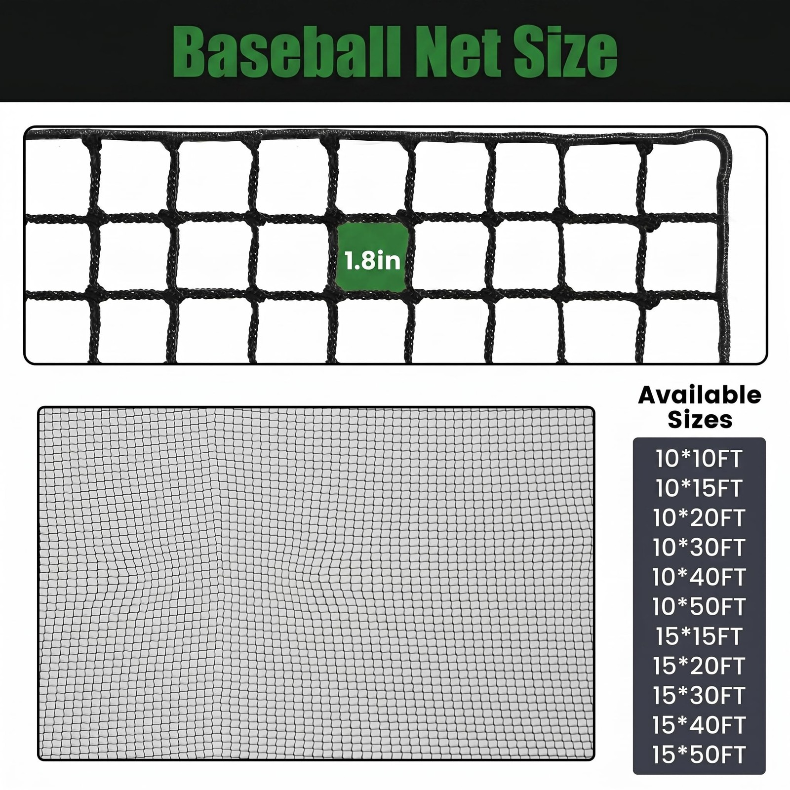 White Rope Netting Hittop BN 15*30 Baseball Softball Backstop Net with 33ft Rope or Steel ...