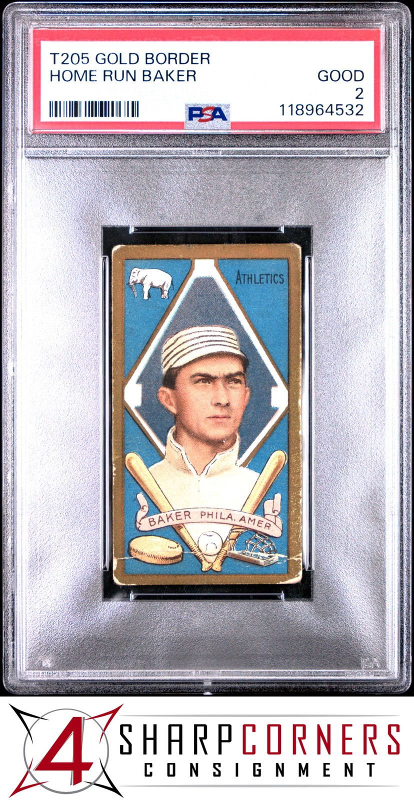 1911 T205 PIEDMONT GOLD BORDER FRANK HOME RUN BAKER PSA 2