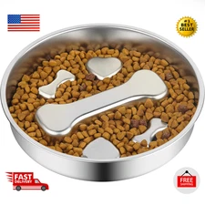 Slow Feeder Dog Bowl - 2 Cups Stainless Steel Dog Slow Feeder Food Bowl, Metal N