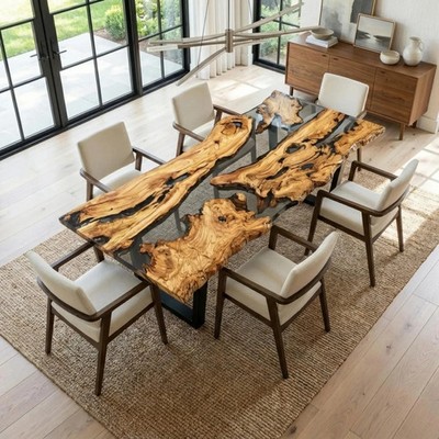 Olive Wood Epoxy River Dining Table Top   Handmade Live Edge with Clear Resin