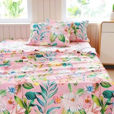 Boho Floral Queen Sheet Set, 4-Piece Printed Botanical Bed Sheets, 16" Deep P...