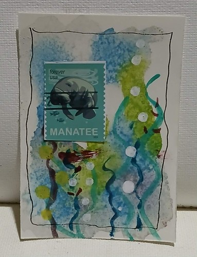 OOAK ACEO “Postal Whimsy Mini” – Manatee Forever Stamp Abstra Watercolor