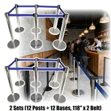 2 Set of Silver S/S Queue Barriers Crowd Control Stanchions for Public Places