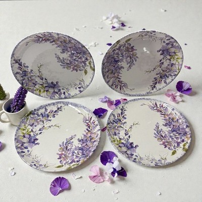4- Rachel Ashwell Floral Lilac Melamine Indoor/Outdoor Salad Plate Set 8.5'' NEW!