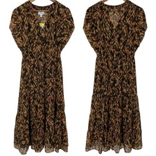 STEVE MADDEN NWT Tiered Printed V Neck Midi Dress Brown Size Small Lined