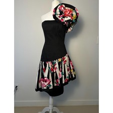 Vintage 80's Victor Costa Dress. Floral B W Stripe, Ruffle. Carrie Bradshaw
