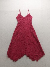 Lulus Women Midi Dress XS Burgundy Eyelash Lace Handkerchief Hem Spaghetti Strap