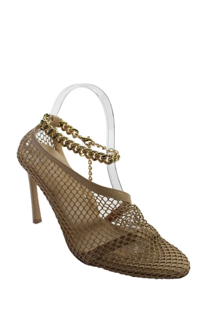 Bottega Veneta Womens Leather Mesh Ankle Chain D-Orsay High Heels Tan Size 9