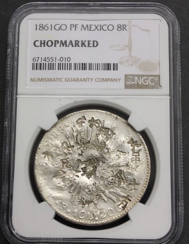 1861 GO GUANAJUATO 8 REALES NGC CHOPMARKED MEXICO ASSAYER PF SILVER COIN