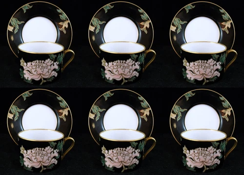 Fitz and Floyd Cloisonne Peony Black Group of 6 Cup and Saucer Sets