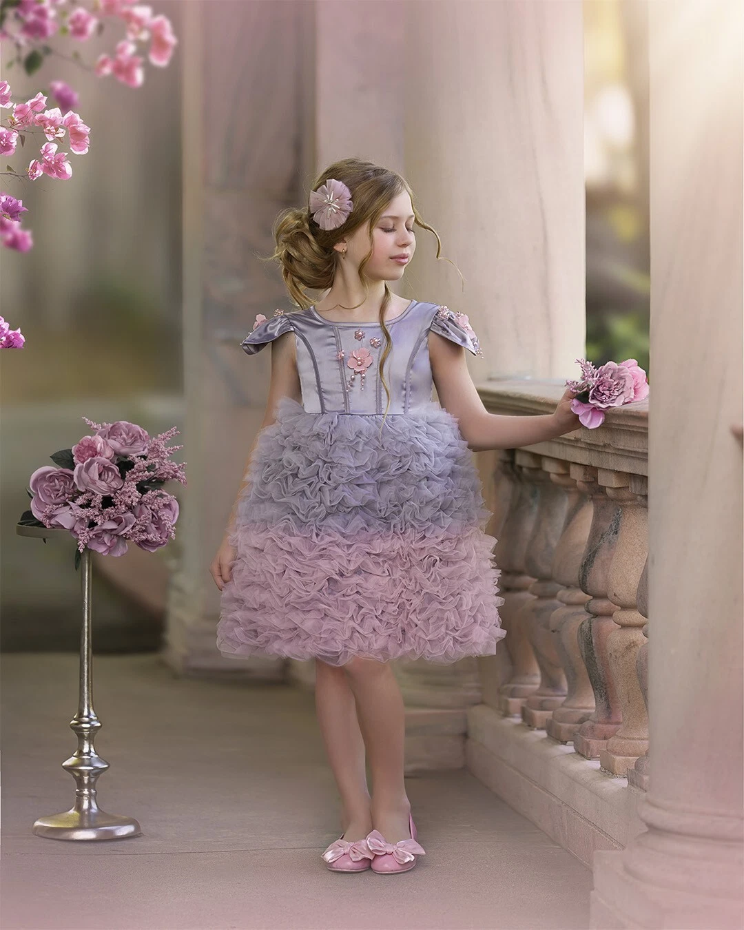 Petit Maison Kids Mia Grey and Pink Cupcake Tulle Dress and hair clip BNWT size8