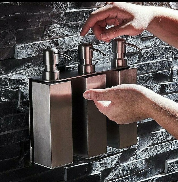 Square Stainless Steel Soap Dispenser Shampoo Three Bottles Brushed