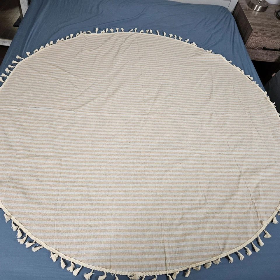 Mantel Redondo Mantel Cubierta Paño Beige Blanco Rayas Borla Flecos 59" Foto 2 de 4