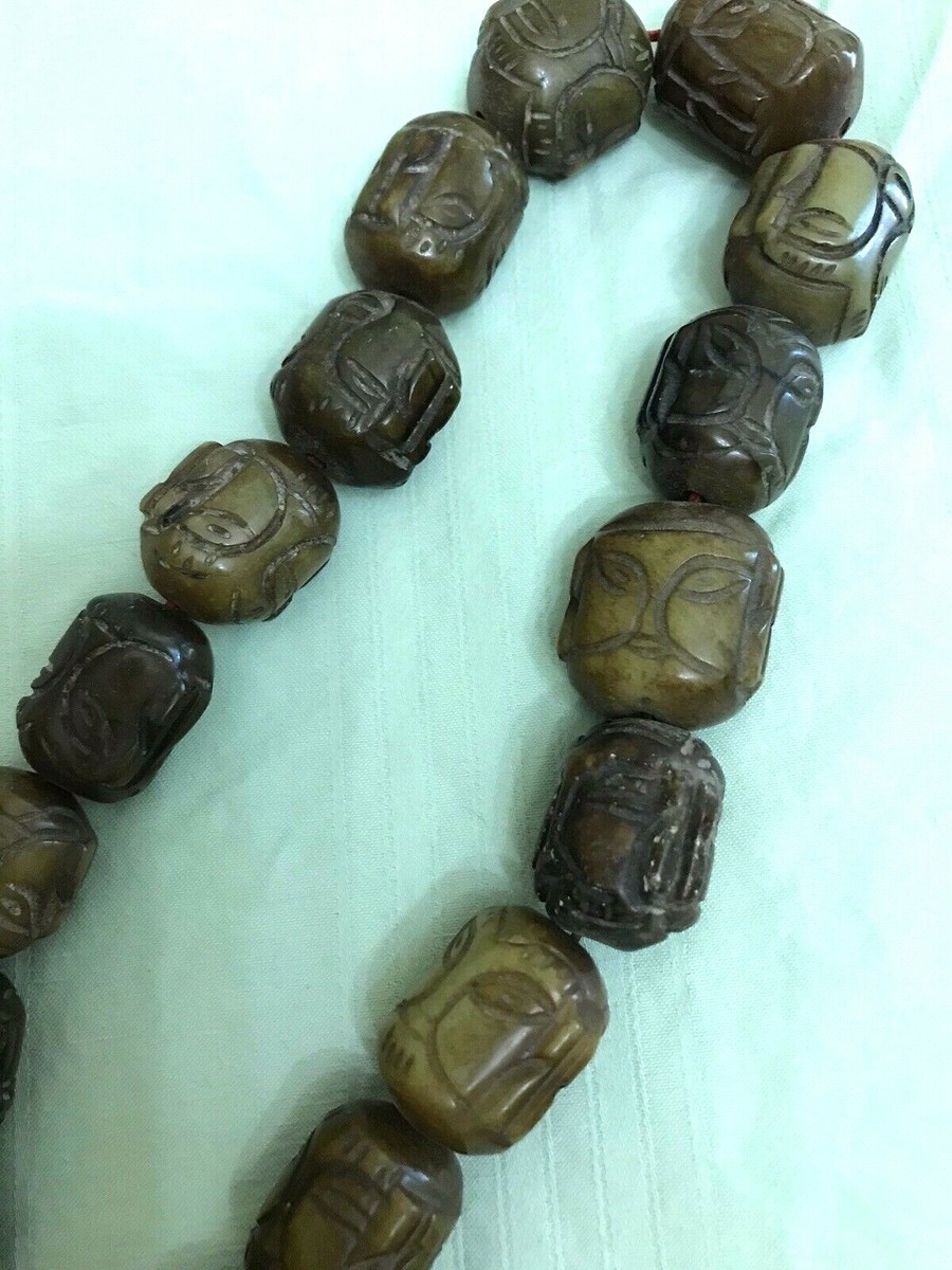 Antique Vtg Original China Tibetan Prayer Jade Beads Carved Buddha