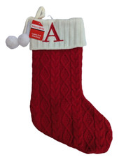 Merry Brite Monogram Christmas Stocking Initial Letter "A" Cable Knit Pom Poms