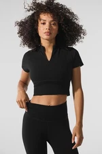 NEW Alo Yoga Micro Corduroy Winter Break Mock Neck Quarter Zip Crop Top Black S