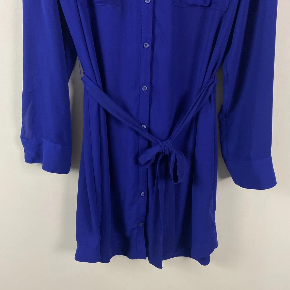 Express Portofino Shirt Dress Size Large Blue Button Front Belted Long Sleeve - Image 3 of 4