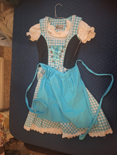 Kiddy Tracht Girls Dirndl Dress w/ Apron Blue/White Cotton Lace Trim Size 152