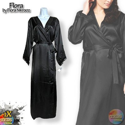 NWT Flora by Flora Nikrooz 1X Plus Size Stella Long Robe Black T80236X $70