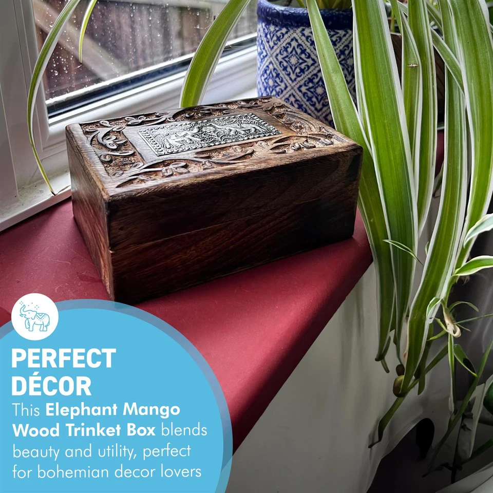 Handcrafted Mango Wood Trinket Box with Elephant Embossed Design - Image 2 of 4