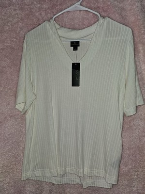 Worthington Ribbed V-Neck Top Women s NWT Ivory Polar Bear Short Sleeve L
