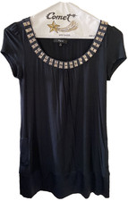 Black Express Crew Neck T-Shirt Dress, Jeweled Neck, Pockets, Satin Trim, Small