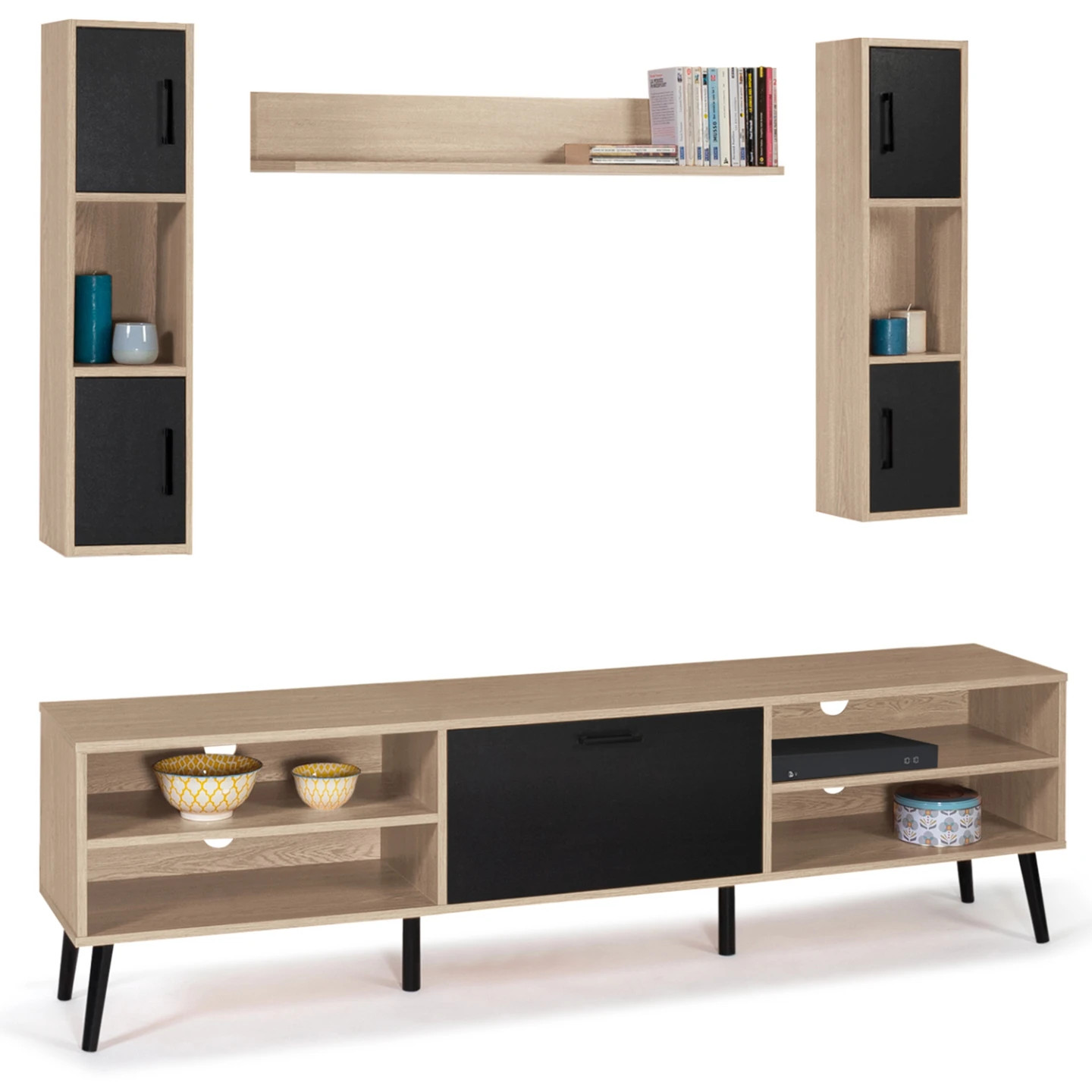 Meuble TV 180 cm avec étagères HOUSTON coloris bois et noir