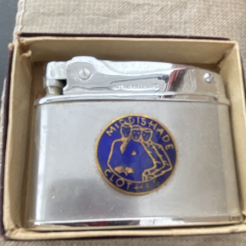 Vintage Silver Pocket Lighter w/ Blue & Gold “Middishade Clothes” Emblem, Box