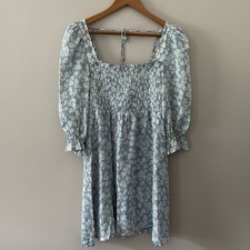 REFORMATION Zaria Dress Sofie Smocked Floral Blue Tie Back Puff Sleeve Size M