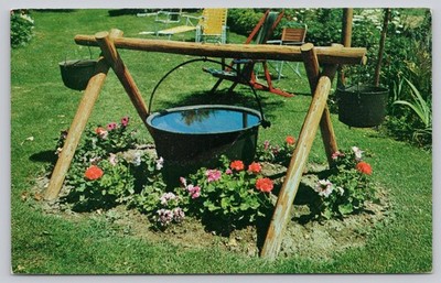 1956 Michigan Thumb Scenery Maxwell Cottages Maple Syrup Kettle Garden Postcard