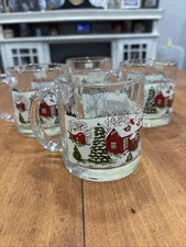 Libby's Christmas Winter Village Snow Scene Glass Mugs - Set Of 4 Never Used