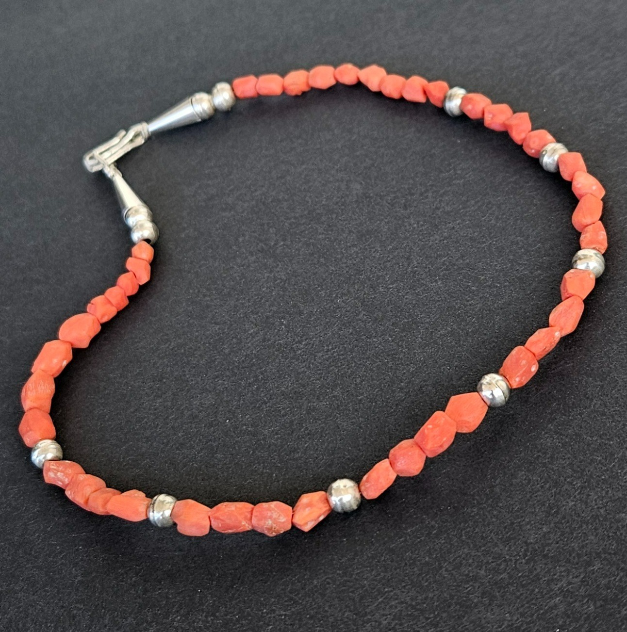Vintage Native American Navajo Salmon Coral & Sterling Silver Beads Necklace
