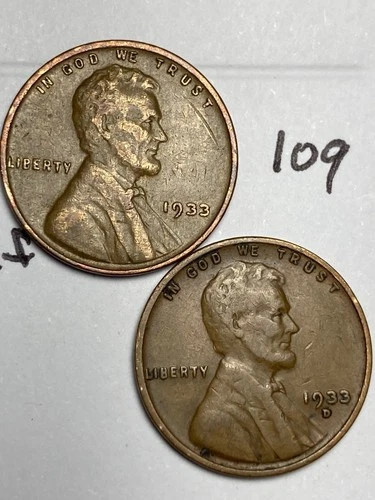 1933-P&D LINCOLN WHEAT CENT SET, 2 coins, low mintage VF/XF grade coins, #109