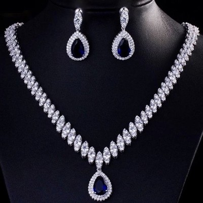 18k Platinum Plated Lab-Created Blue Sapphire Necklace Earrings Set Elegant Gift