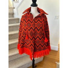 Vintage 70s 60 Orange  Black Woven Tassel Fringe Zip Up Cape Poncho