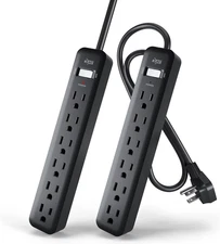 6-Outlet Power Strip, 2-Pack, Black Power Strips, 2Ft Short Extension Cord with 