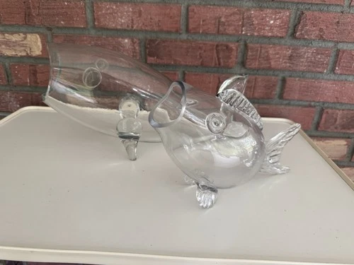 Blenko Style Fish Bowl Vase Terrarium Mid Century Hand Blown Glass Art Pair